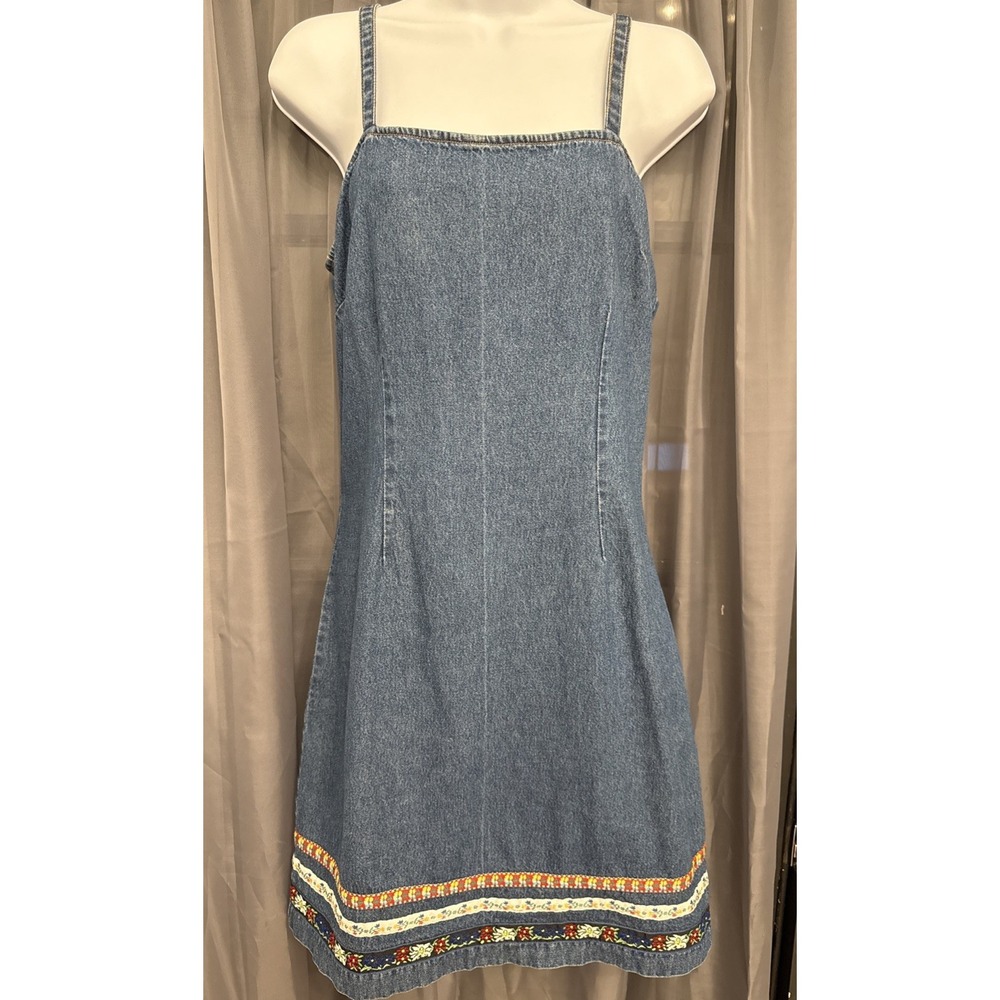 Vtg 90s California Concepts Denim Dress Embroidered Floral Border Trim Size 9
